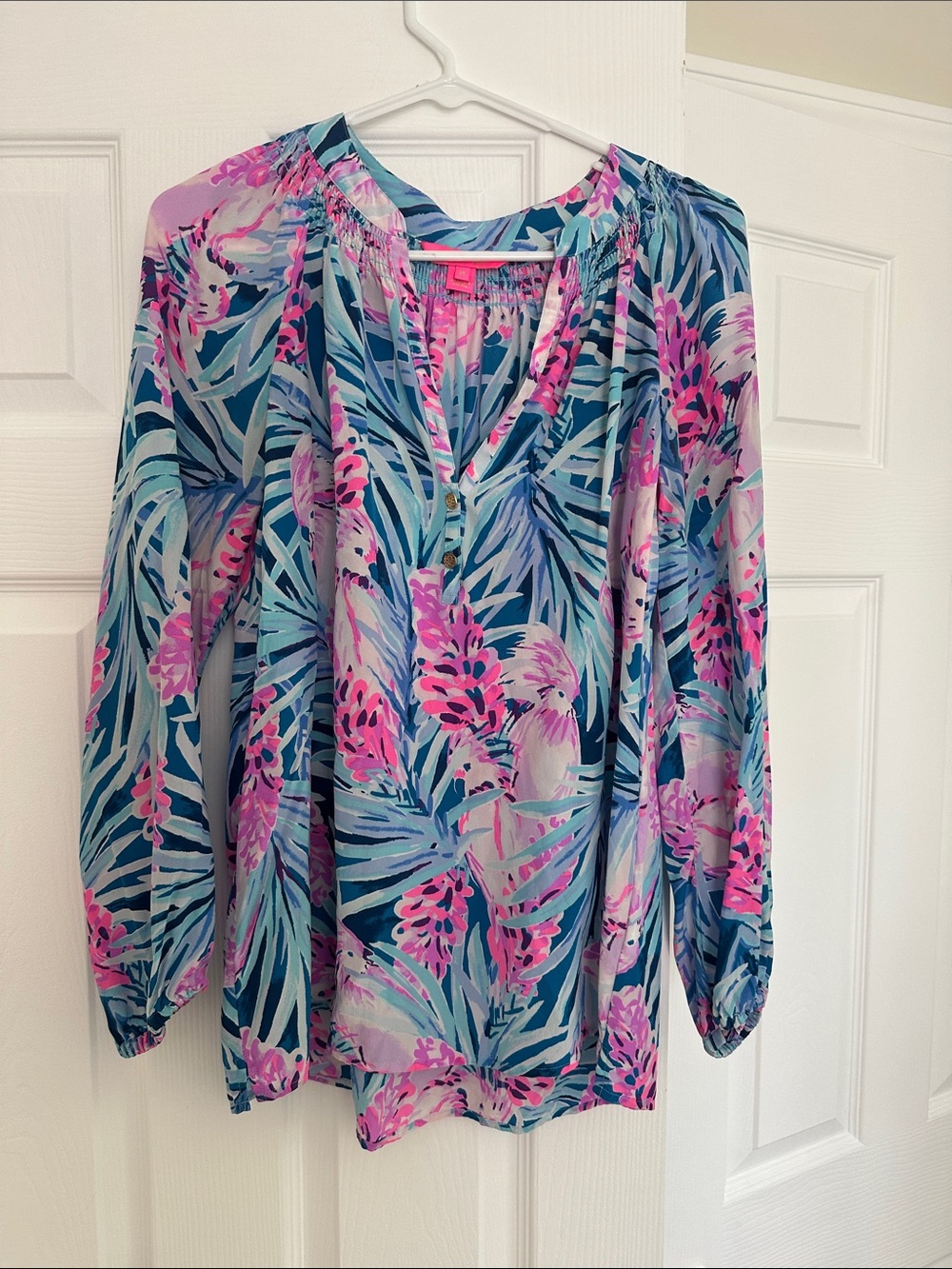 Lilly Pulitzer Tropical Floral Pintuck V-Neck Blouse - Pink & Blue